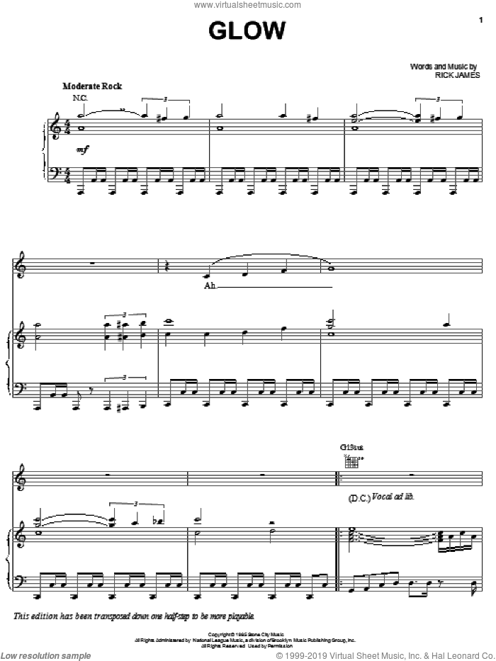 Glow sheet music for voice, piano or guitar by Rick James, intermediate skill level