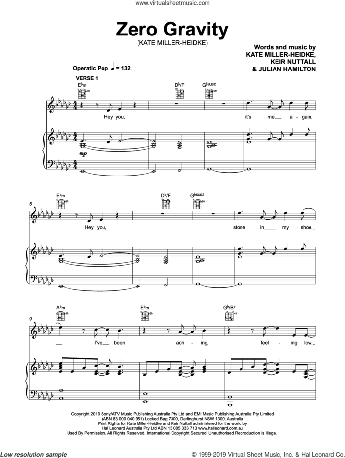 Zero Gravity sheet music for voice, piano or guitar by Kate Miller-Heidke, Julian Hamilton and Keir Nuttall, intermediate skill level