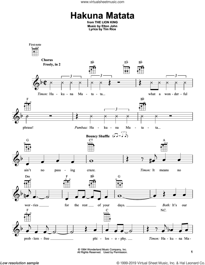 Hakuna Matata (from The Lion King) sheet music for ukulele by Elton John, Elton John & Tim Rice and Tim Rice, intermediate skill level