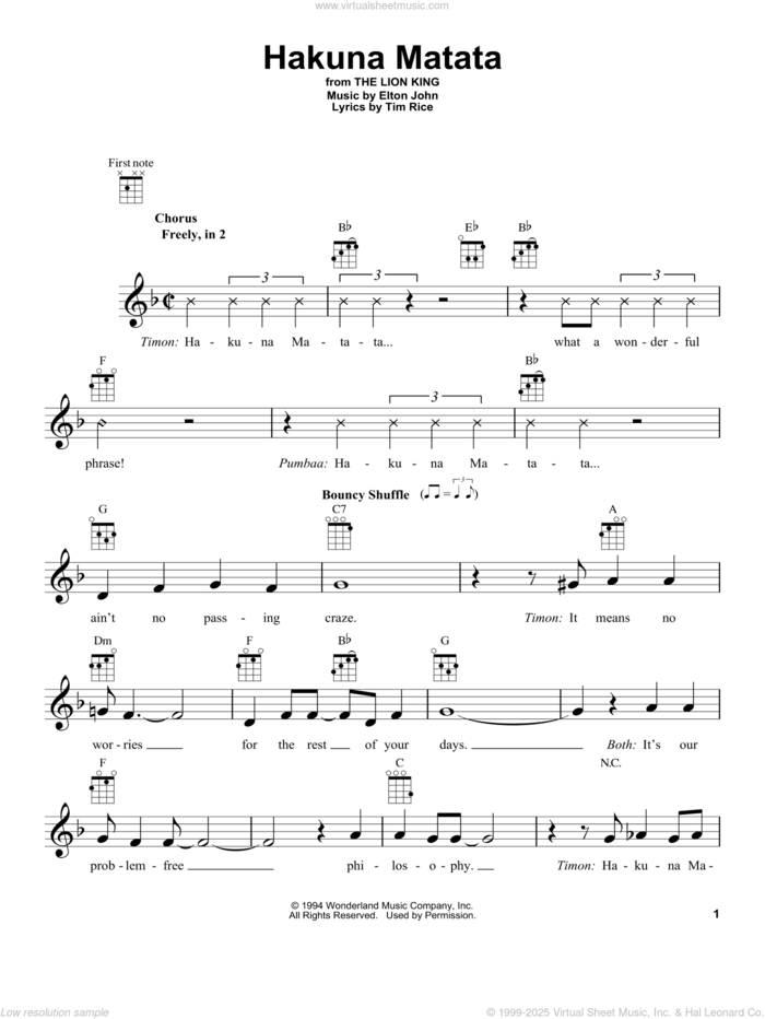 Hakuna Matata (from The Lion King) sheet music for ukulele by Elton John, Elton John & Tim Rice and Tim Rice, intermediate skill level