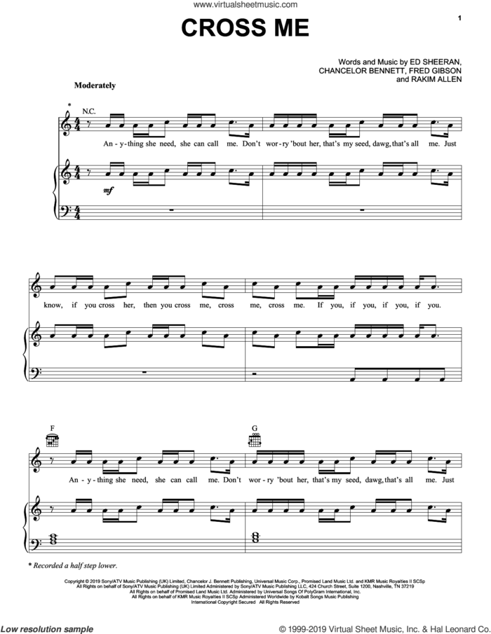 Cross Me (feat. Chance the Rapper and PnB Rock) sheet music for voice, piano or guitar by Ed Sheeran, Ed Sheeran, Chance the Rapper and PnB Rock, Chancelor Bennett, Fred Gibson and Rakim Allen, intermediate skill level
