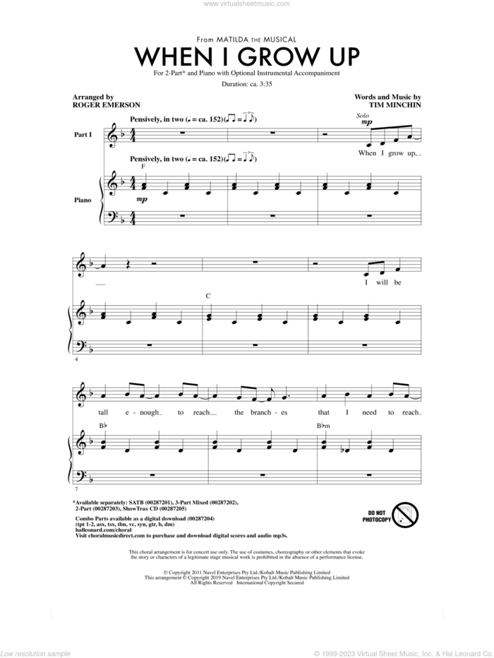 When I Grow Up (from Matilda: The Musical) (arr. Roger Emerson) sheet music for choir (2-Part) by Tim Minchin and Roger Emerson, intermediate duet