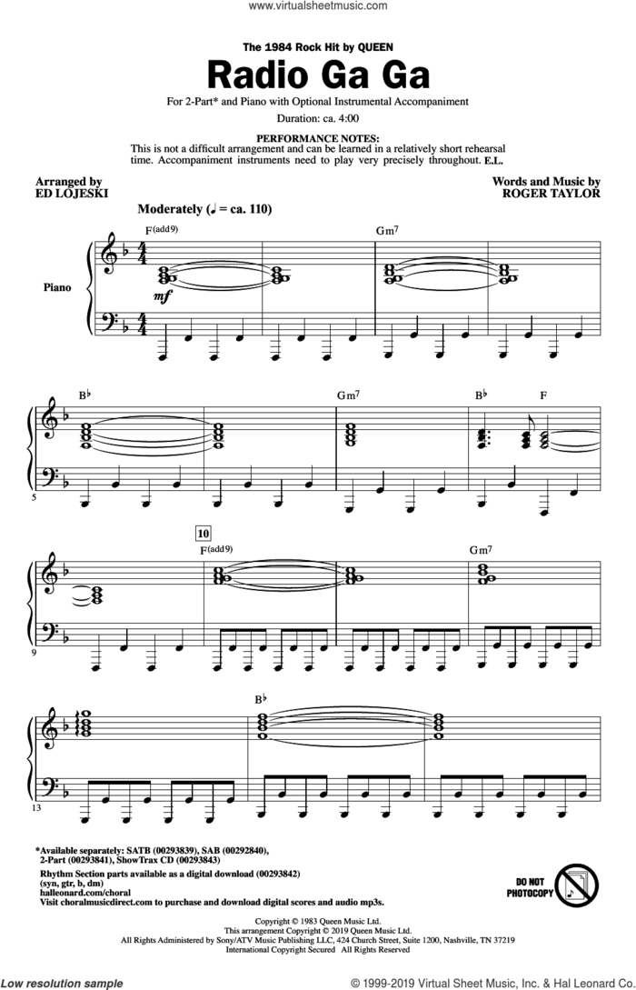 Radio Ga Ga (arr. Ed Lojeski) sheet music for choir (2-Part) by Queen, Ed Lojeski and Roger Taylor, intermediate duet