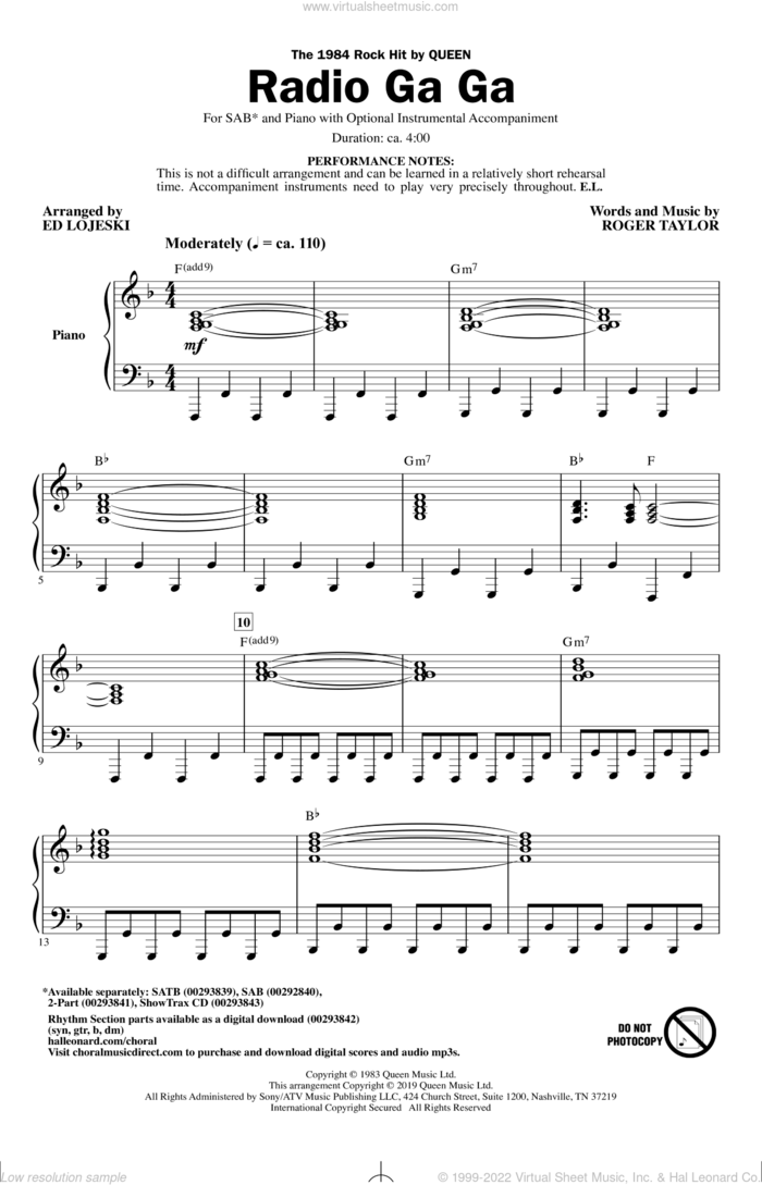 Radio Ga Ga (arr. Ed Lojeski) sheet music for choir (SAB: soprano, alto, bass) by Queen, Ed Lojeski and Roger Taylor, intermediate skill level