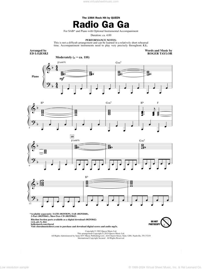 Radio Ga Ga (arr. Ed Lojeski) sheet music for choir (SAB: soprano, alto, bass) by Queen, Ed Lojeski and Roger Taylor, intermediate skill level