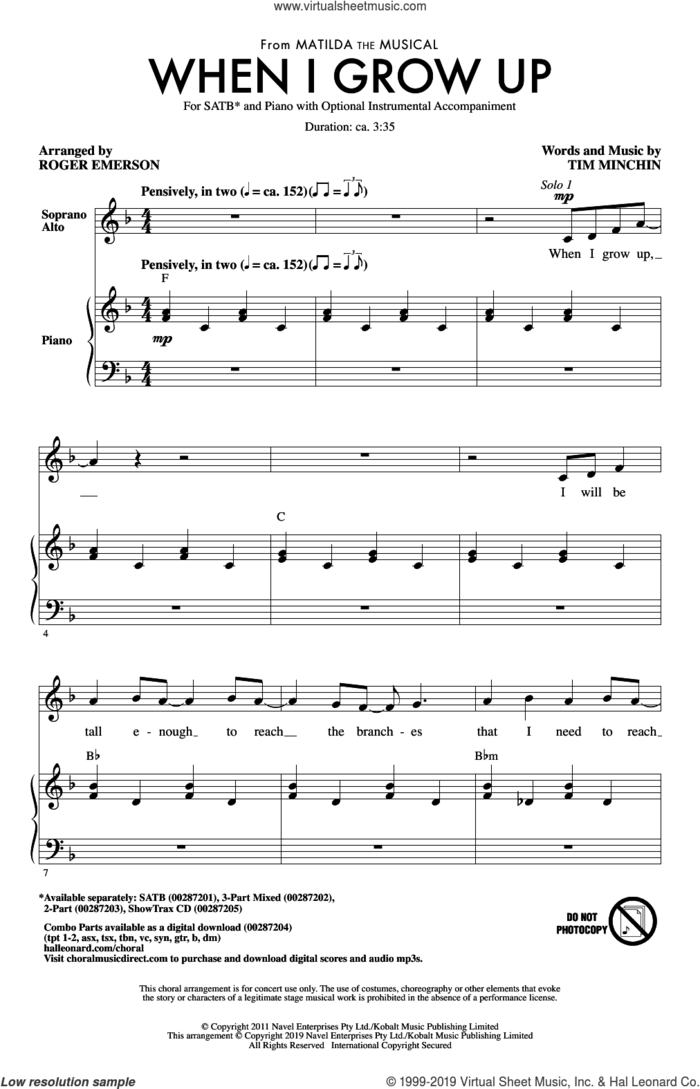 When I Grow Up (from Matilda: The Musical) (arr. Roger Emerson) sheet music for choir (SATB: soprano, alto, tenor, bass) by Tim Minchin and Roger Emerson, intermediate skill level