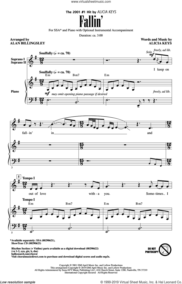 Fallin' (arr. Alan Billingsley) sheet music for choir (SSA: soprano, alto) by Alicia Keys and Alan Billingsley, intermediate skill level