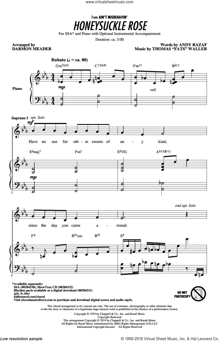 Honeysuckle Rose (arr. Darmon Meader) sheet music for choir (SSA: soprano, alto) by Andy Razaf, Darmon Meader, Django Reinhardt and Thomas Waller, intermediate skill level