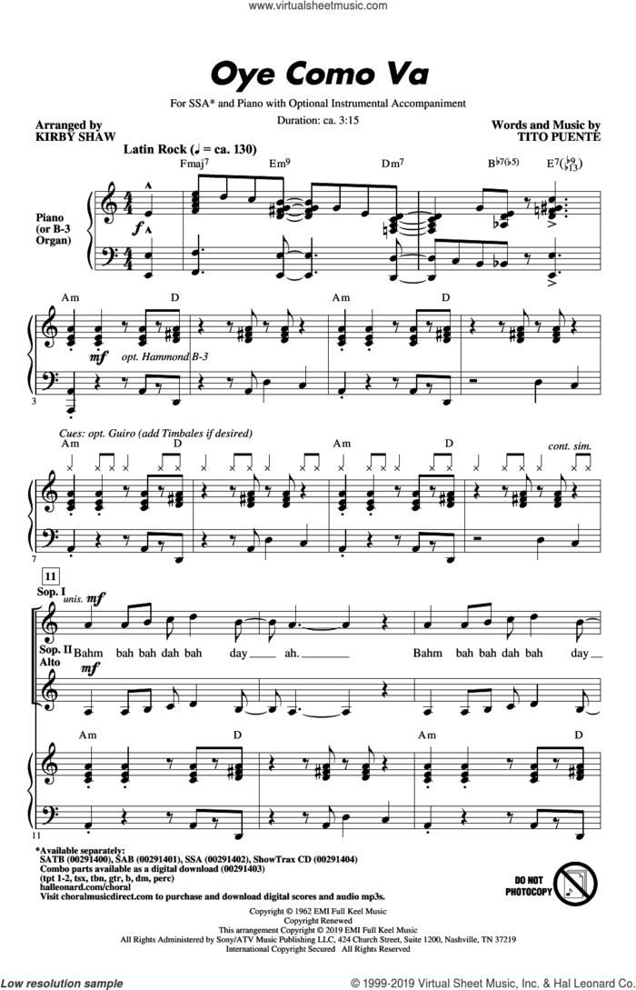 Oye Como Va (arr. Kirby Shaw) sheet music for choir (SSA: soprano, alto) by Tito Puente, Kirby Shaw and Carlos Santana, intermediate skill level