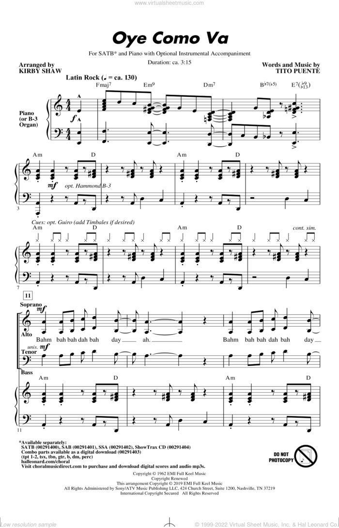 Oye Como Va (arr. Kirby Shaw) sheet music for choir (SATB: soprano, alto, tenor, bass) by Tito Puente, Kirby Shaw and Carlos Santana, intermediate skill level