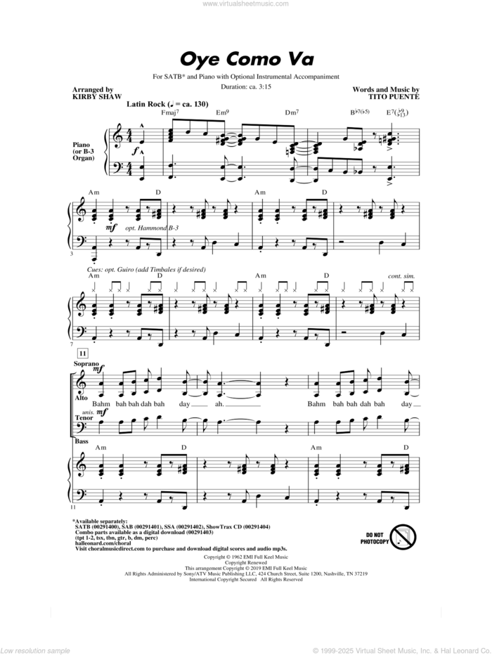 Oye Como Va (arr. Kirby Shaw) sheet music for choir (SATB: soprano, alto, tenor, bass) by Tito Puente, Kirby Shaw and Carlos Santana, intermediate skill level