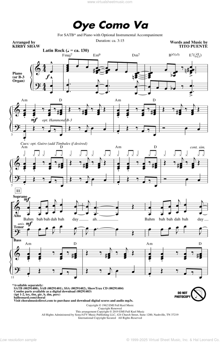 Oye Como Va (arr. Kirby Shaw) sheet music for choir (SATB: soprano, alto, tenor, bass) by Tito Puente, Kirby Shaw and Carlos Santana, intermediate skill level