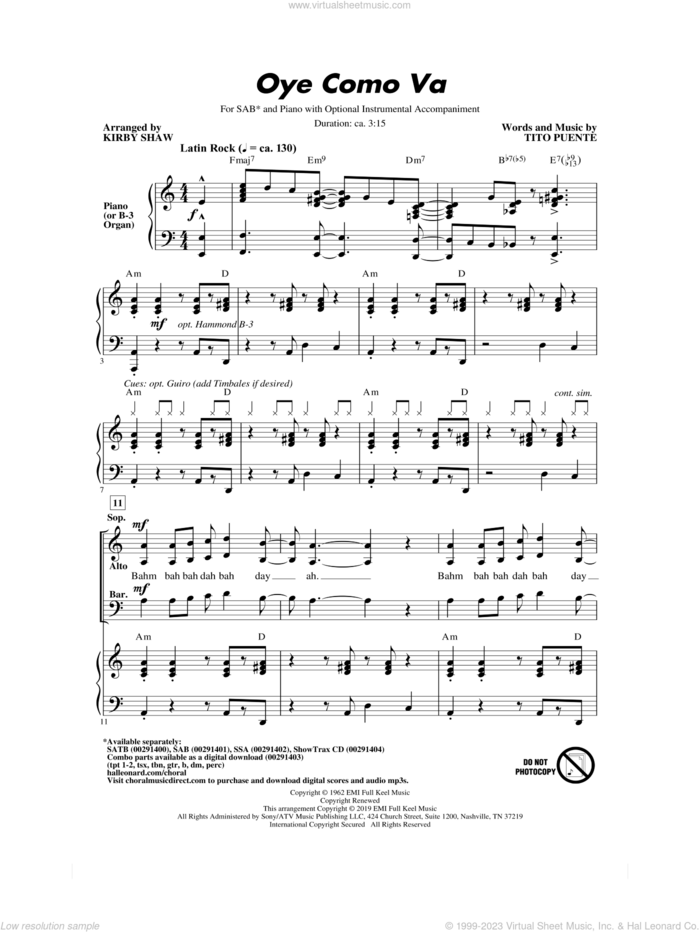 Oye Como Va (arr. Kirby Shaw) sheet music for choir (SAB: soprano, alto, bass) by Tito Puente, Kirby Shaw and Carlos Santana, intermediate skill level