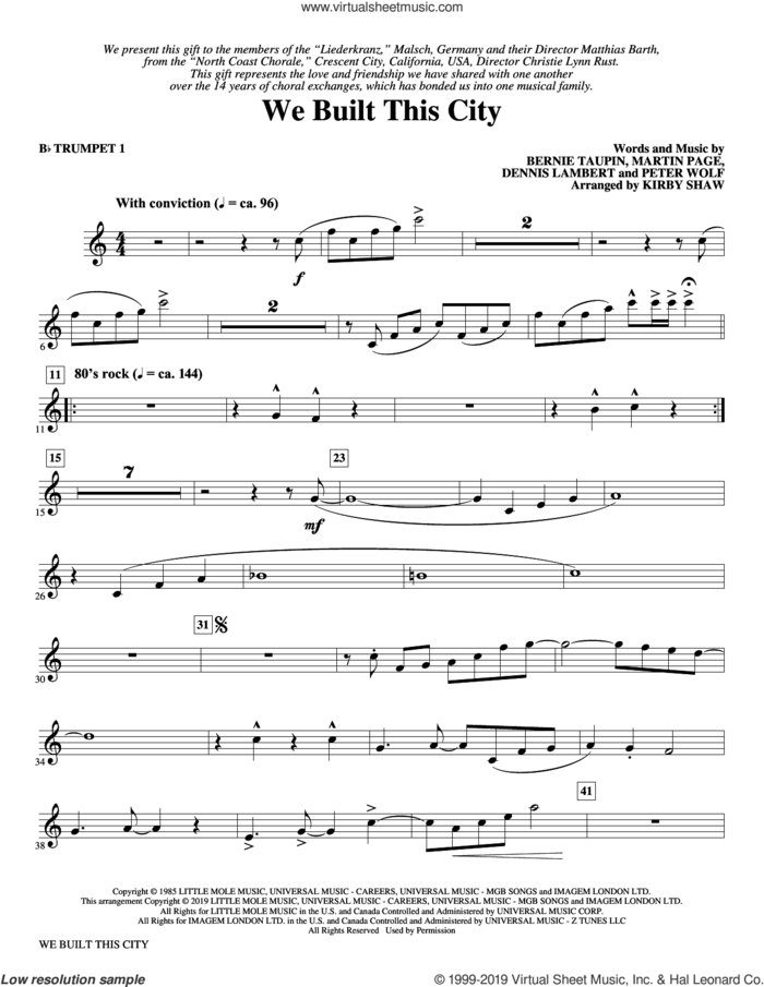 We Built This City (arr. Kirby Shaw) (complete set of parts) sheet music for orchestra/band by Kirby Shaw, Bernie Taupin, Dennis Lambert, Martin George Page, Peter Wolf and Starship, intermediate skill level