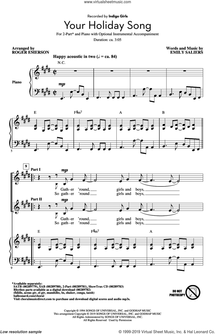 Your Holiday Song (arr. Roger Emerson) sheet music for choir (2-Part) by Indigo Girls, Roger Emerson and Emily Saliers, intermediate duet