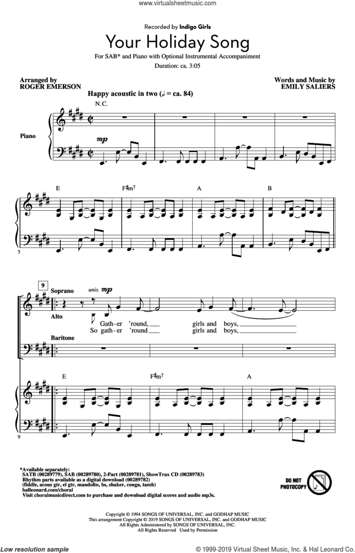 Your Holiday Song (arr. Roger Emerson) sheet music for choir (SAB: soprano, alto, bass) by Indigo Girls, Roger Emerson and Emily Saliers, intermediate skill level