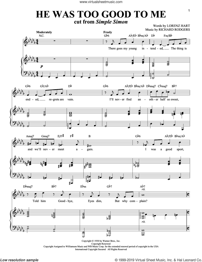He Was Too Good To Me sheet music for voice and piano (Soprano) by Rodgers & Hart, Richard Walters, Lorenz Hart and Richard Rodgers, intermediate skill level