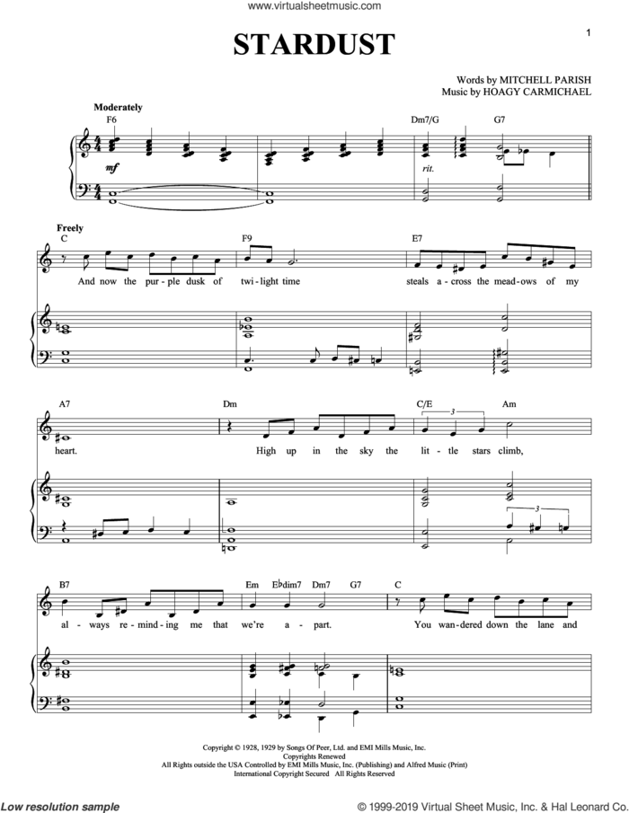 Stardust sheet music for voice and piano (Soprano) by Hoagy Carmichael, Artie Shaw, Richard Walters and Mitchell Parish, intermediate skill level
