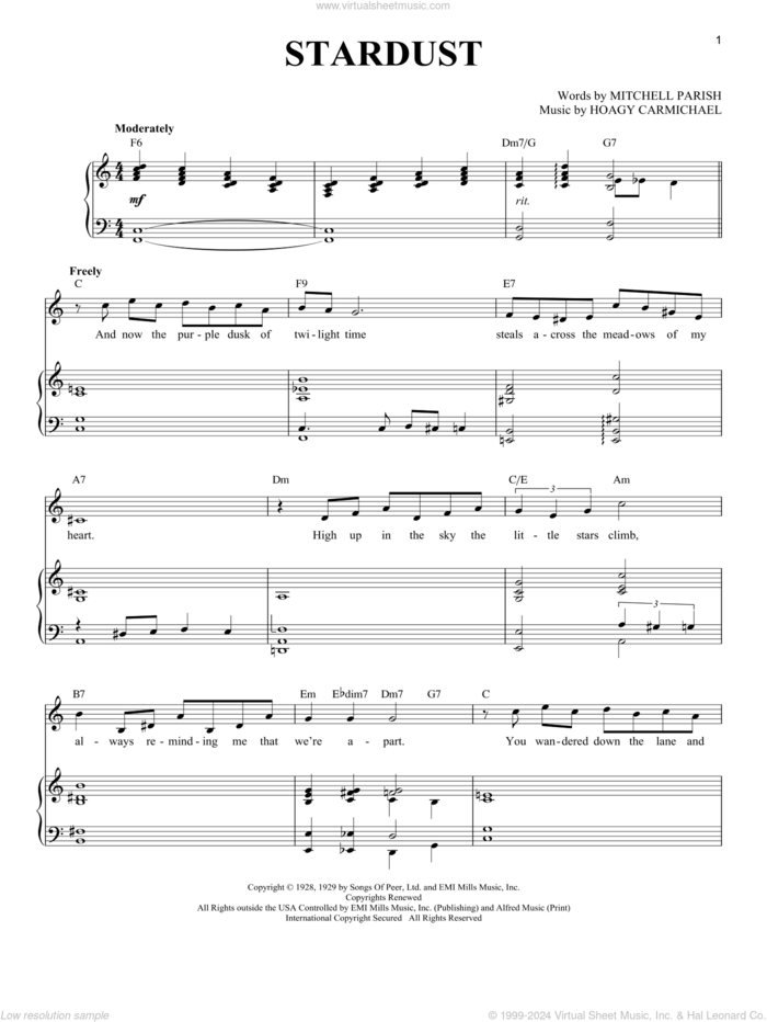 Stardust sheet music for voice and piano (Soprano) by Hoagy Carmichael, Artie Shaw, Richard Walters and Mitchell Parish, intermediate skill level