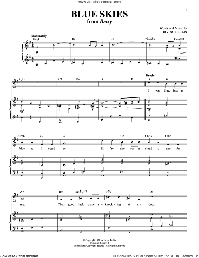 Blue Skies sheet music for voice and piano (Soprano) by Irving Berlin, Willie Nelson and Richard Walters, intermediate skill level