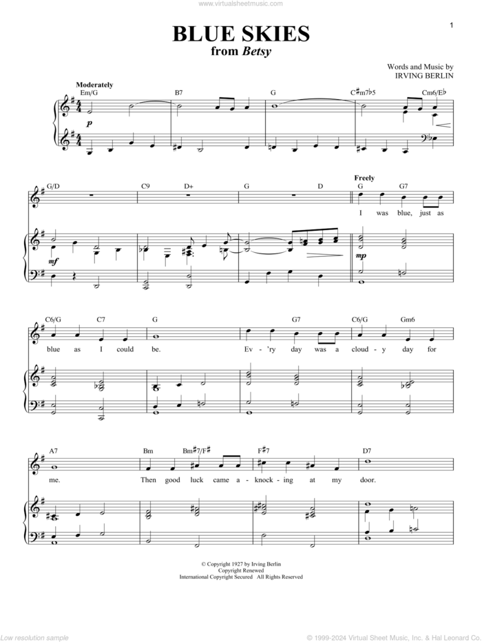 Blue Skies sheet music for voice and piano (Soprano) by Irving Berlin, Willie Nelson and Richard Walters, intermediate skill level