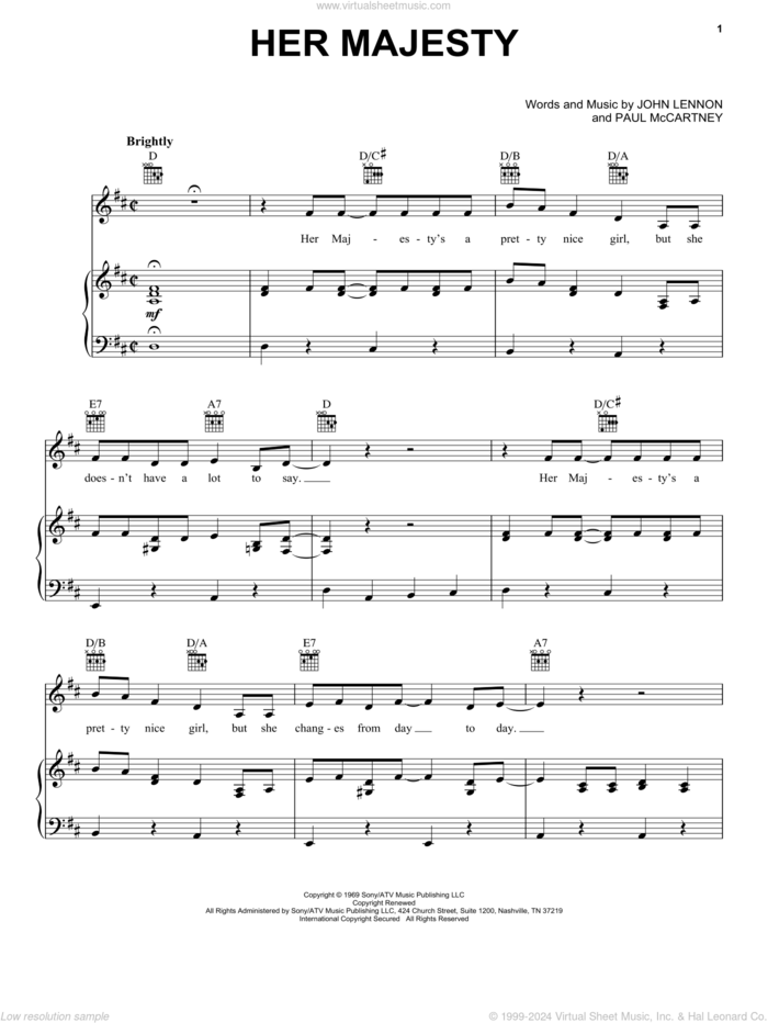 Her Majesty sheet music for voice, piano or guitar by The Beatles, John Lennon and Paul McCartney, intermediate skill level