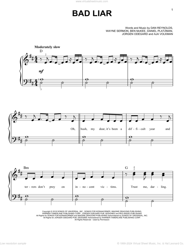 Bad Liar sheet music for piano solo by Imagine Dragons, Aja Volkman, Ben McKee, Dan Reynolds, Daniel Platzman, Jorgen Odegard and Wayne Sermon, easy skill level