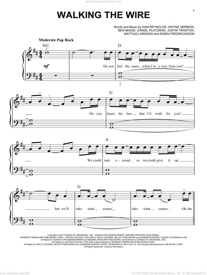 Walking The Wire sheet music for piano solo by Imagine Dragons, Ben McKee, Dan Reynolds, Daniel Platzman, Justin Tranter, Mattias Larsson, Robin Fredriksson and Wayne Sermon, easy skill level