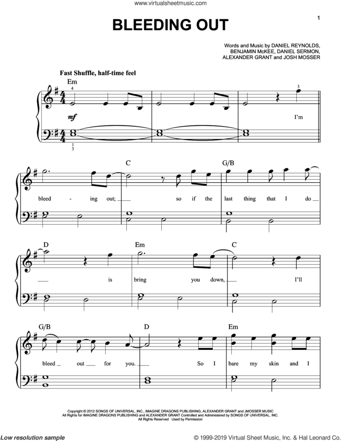 Bleeding Out sheet music for piano solo by Imagine Dragons, Alexander Grant, Benjamin McKee, Daniel Reynolds, Daniel Sermon and Josh Mosser, easy skill level