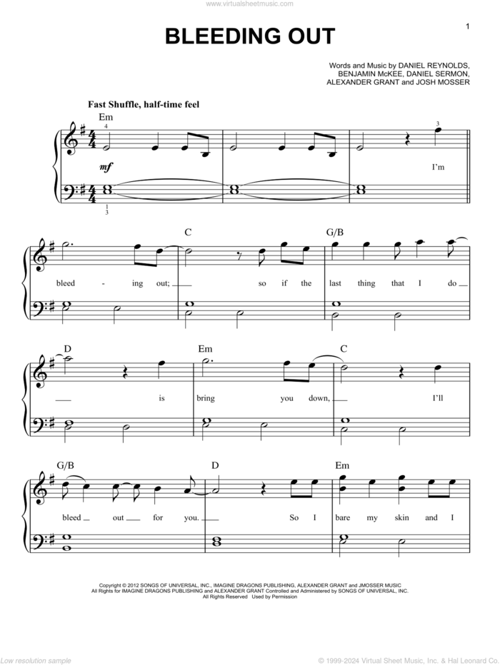 Bleeding Out sheet music for piano solo by Imagine Dragons, Alexander Grant, Benjamin McKee, Daniel Reynolds, Daniel Sermon and Josh Mosser, easy skill level