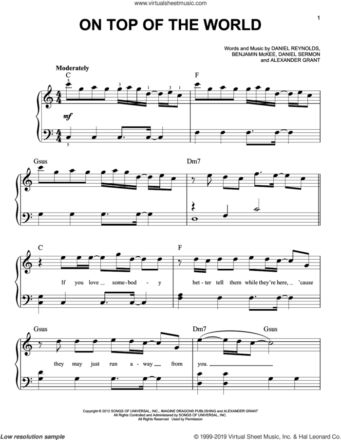 On Top Of The World sheet music for piano solo by Imagine Dragons, Alexander Grant, Benjamin McKee, Daniel Reynolds and Daniel Sermon, easy skill level