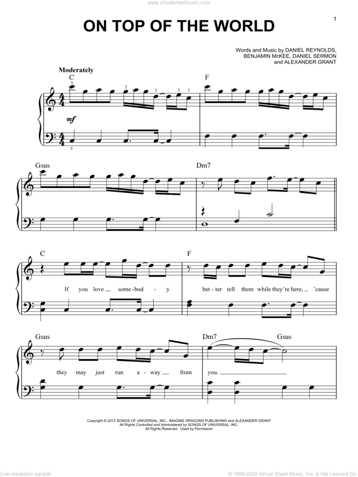 On Top Of The World sheet music for piano solo by Imagine Dragons, Alexander Grant, Benjamin McKee, Daniel Reynolds and Daniel Sermon, easy skill level