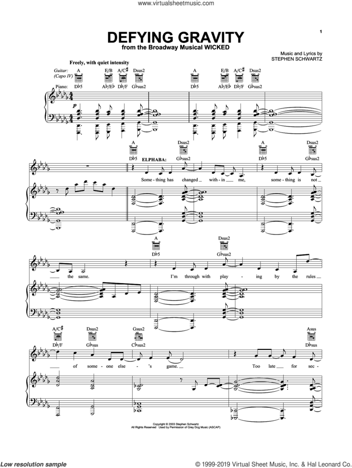Defying Gravity (from Wicked) sheet music for voice, piano or guitar by Stephen Schwartz, intermediate skill level