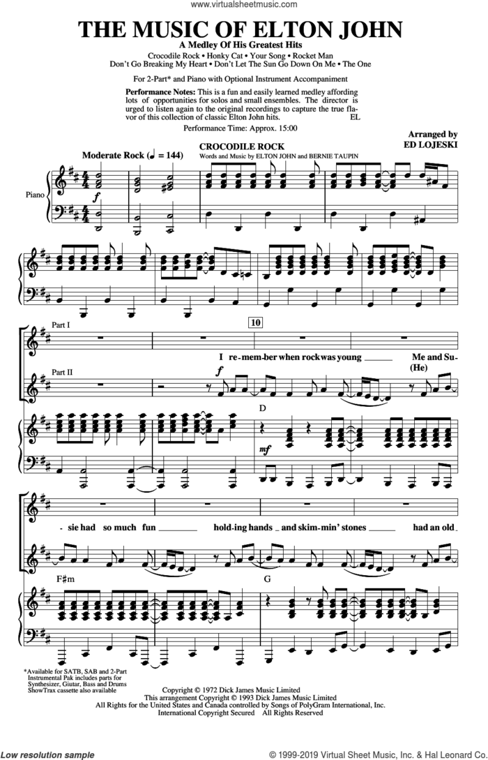 The Music of Elton John (A Medley Of His Greatest Hits) (arr. Ed Lojeski) sheet music for choir (2-Part) by Elton John, Ed Lojeski and Bernie Taupin, intermediate duet