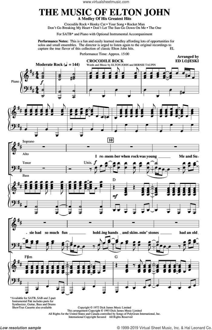 The Music of Elton John (A Medley Of His Greatest Hits) (arr. Ed Lojeski) sheet music for choir (SATB: soprano, alto, tenor, bass) by Elton John, Ed Lojeski and Bernie Taupin, intermediate skill level