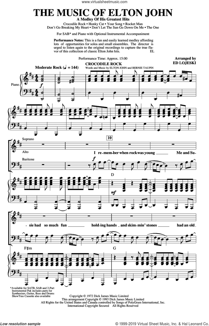 The Music of Elton John (A Medley Of His Greatest Hits) (arr. Ed Lojeski) sheet music for choir (SAB: soprano, alto, bass) by Elton John, Ed Lojeski and Bernie Taupin, intermediate skill level