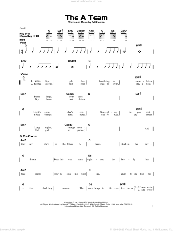 The A Team sheet music for guitar solo by Ed Sheeran, beginner skill level