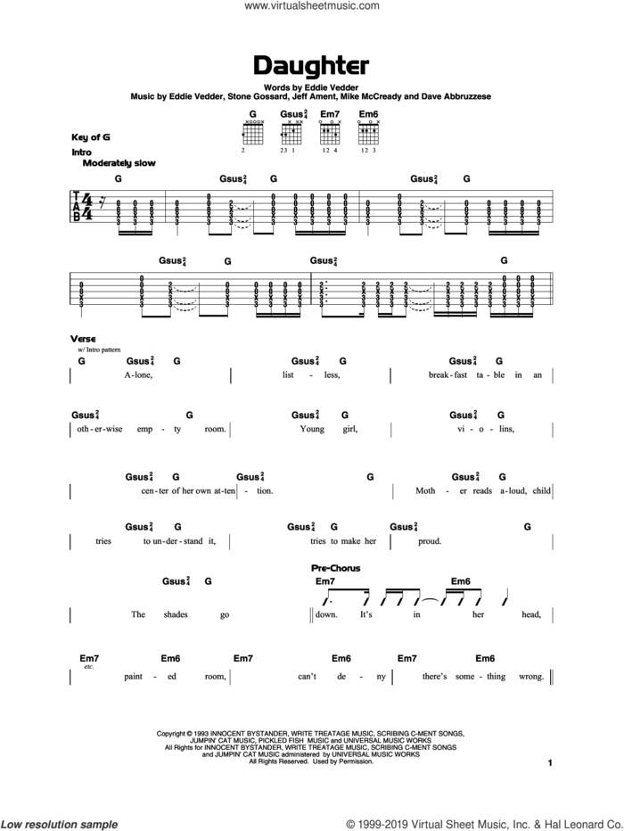 Daughter sheet music for guitar solo by Pearl Jam, Dave Abbruzzese, Eddie Vedder, Jeff Ament, Mike McCready and Stone Gossard, beginner skill level