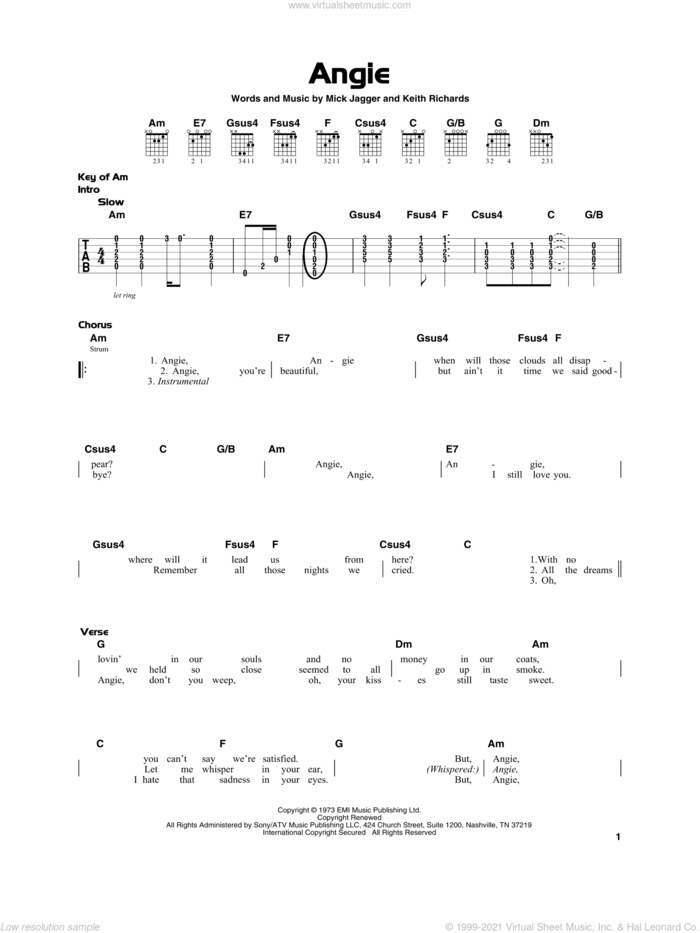 Angie, (beginner) sheet music for guitar solo by The Rolling Stones, Keith Richards and Mick Jagger, beginner skill level
