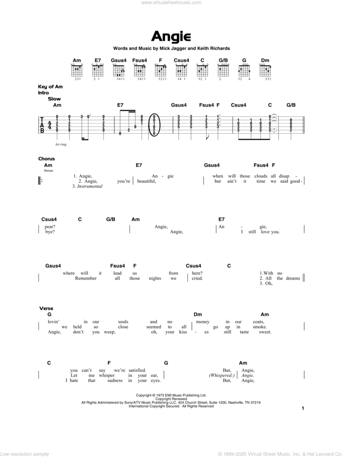 Angie, (beginner) sheet music for guitar solo by The Rolling Stones, Keith Richards and Mick Jagger, beginner skill level