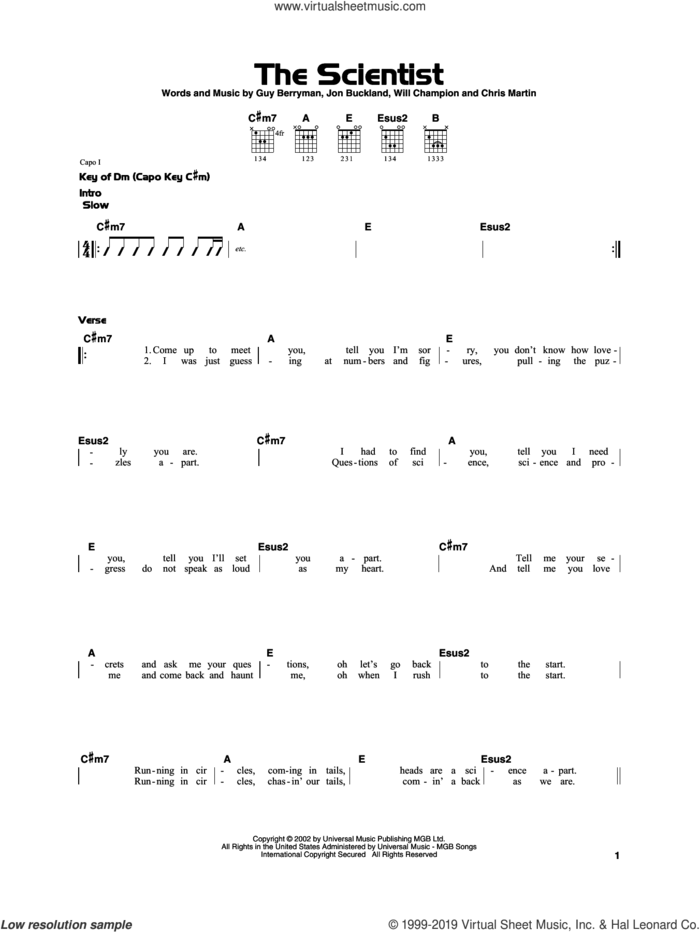 The Scientist, (beginner) sheet music for guitar solo by Coldplay, Chris Martin, Guy Berryman, Jon Buckland and Will Champion, beginner skill level