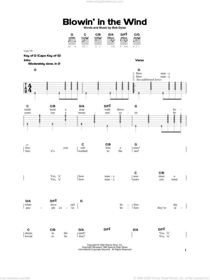 Blowin' In The Wind sheet music for guitar solo by Bob Dylan, Peter, Paul & Mary and Stevie Wonder, beginner skill level