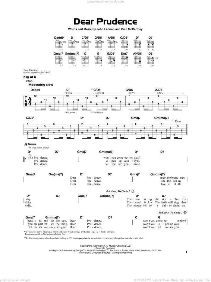 Dear Prudence, (beginner) sheet music for guitar solo by The Beatles, John Lennon and Paul McCartney, beginner skill level