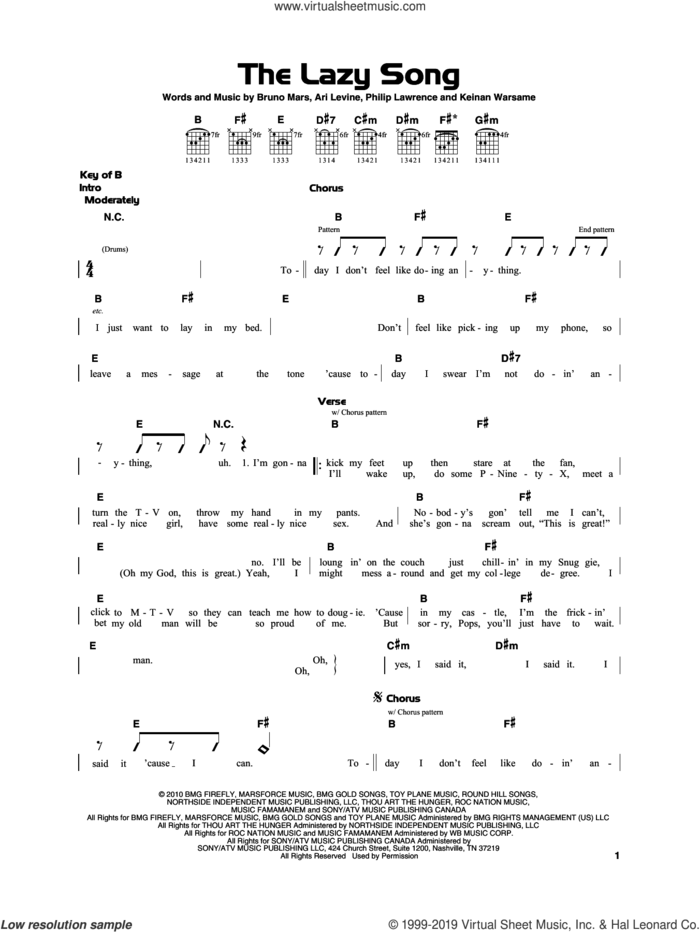 The Lazy Song sheet music for guitar solo by Bruno Mars, Ari Levine, Keinan Warsame and Philip Lawrence, beginner skill level