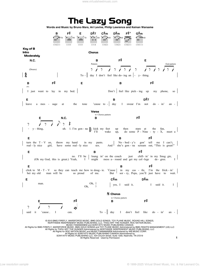 The Lazy Song sheet music for guitar solo by Bruno Mars, Ari Levine, Keinan Warsame and Philip Lawrence, beginner skill level