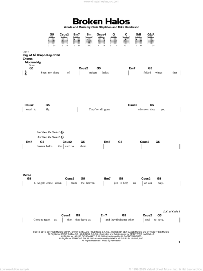 Broken Halos sheet music for guitar solo by Chris Stapleton and Mike Henderson, beginner skill level