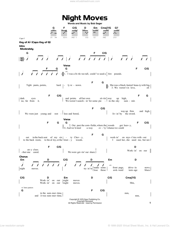 Night Moves sheet music for guitar solo by Bob Seger, beginner skill level