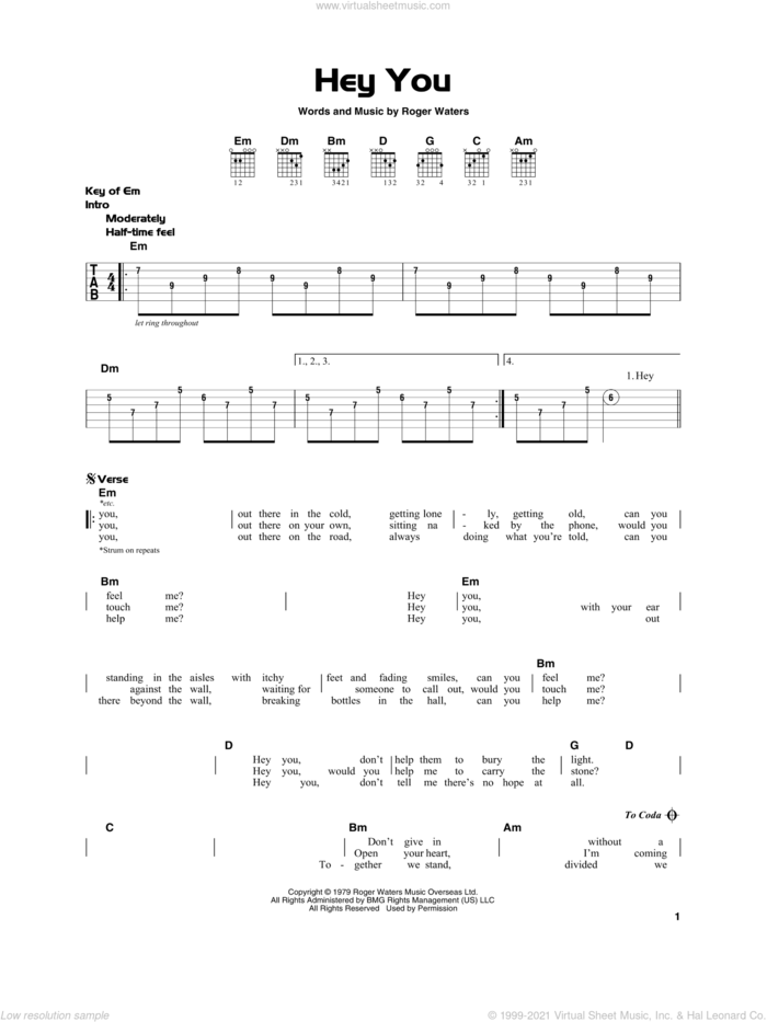 Hey You sheet music for guitar solo by Pink Floyd and Roger Waters, beginner skill level