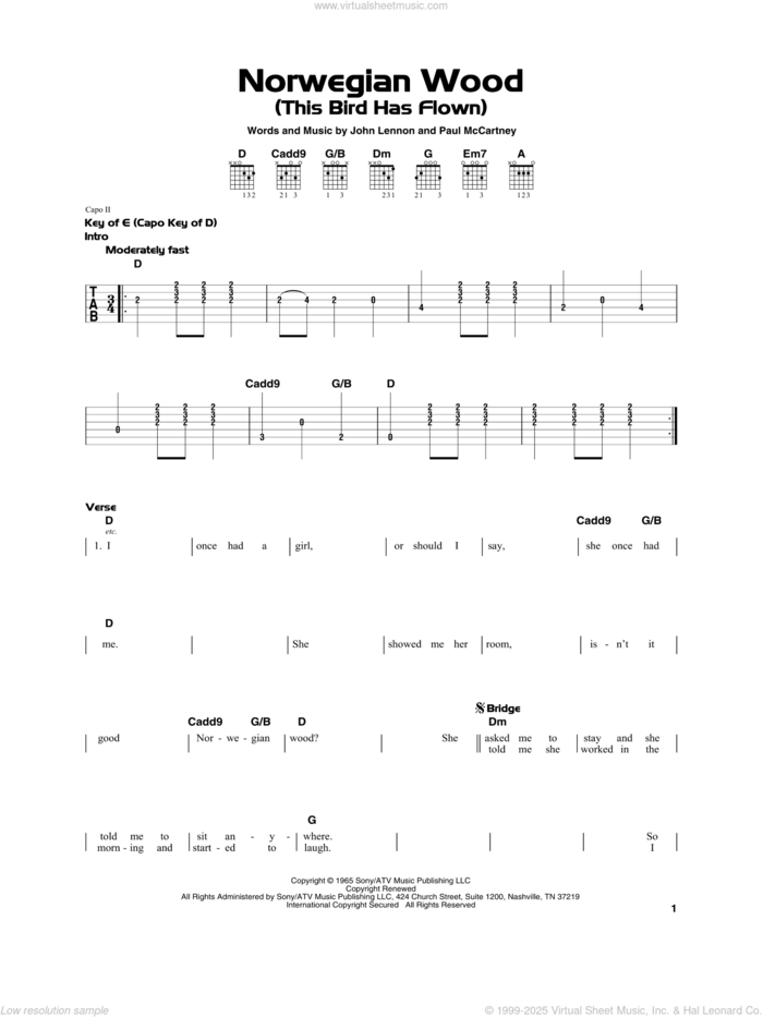 Norwegian Wood (This Bird Has Flown), (beginner) sheet music for guitar solo by The Beatles, John Lennon and Paul McCartney, beginner skill level