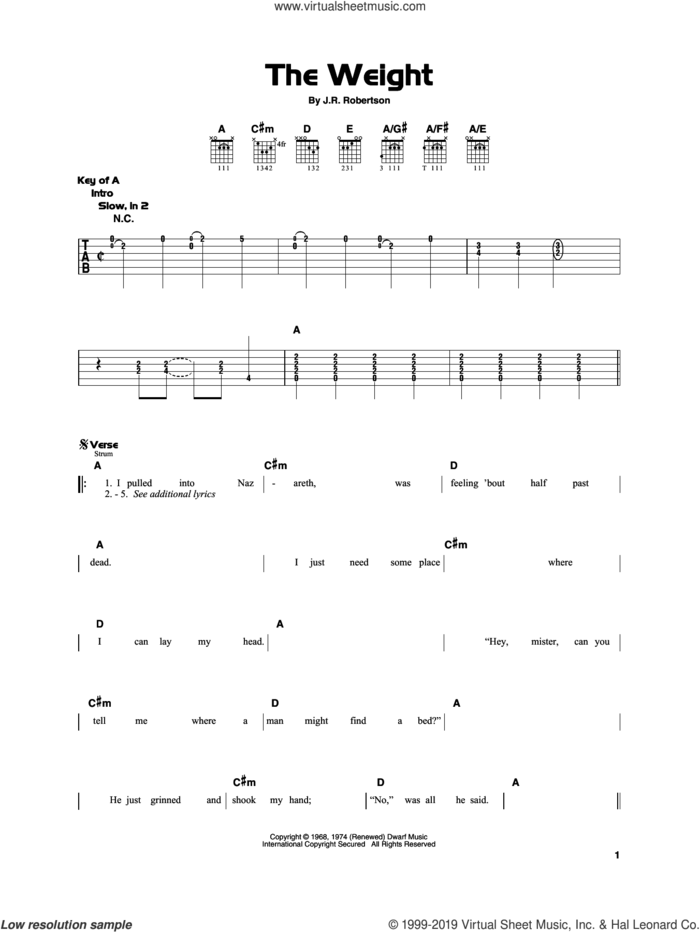 The Weight sheet music for guitar solo by The Band and Robbie Robertson, beginner skill level